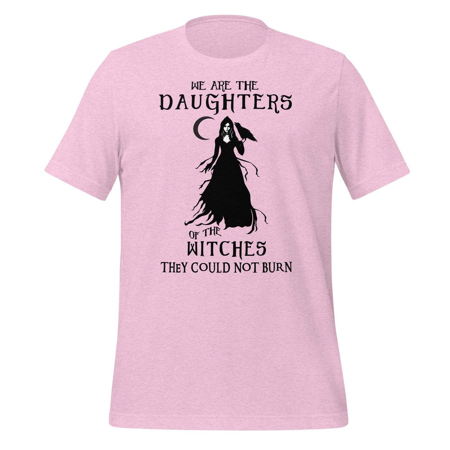 Heather prism lilac t-shirt with black lettering that reads We Are the Daughters of the Witches They Could Not Burn with the moon and a witch in long black gown with a crow on her arm from apparel shop Midnight Gypsy Designs.