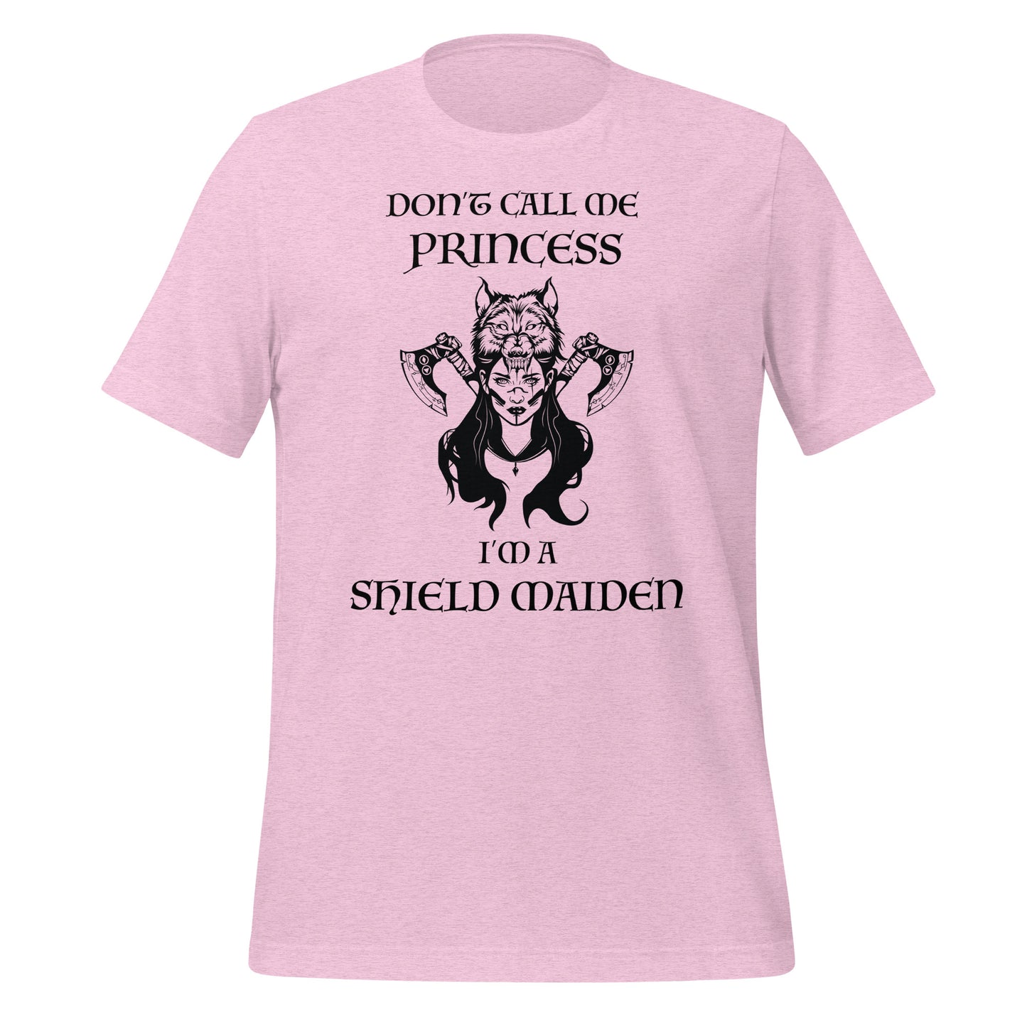 Heather prism lilac t-shirt with lettering that says Don't Call Me Princess I'm a Shield Maiden with a female Viking Warrior with Norse Viking axes and a wolf created by apparel shop Midnight Gypsy Designs.