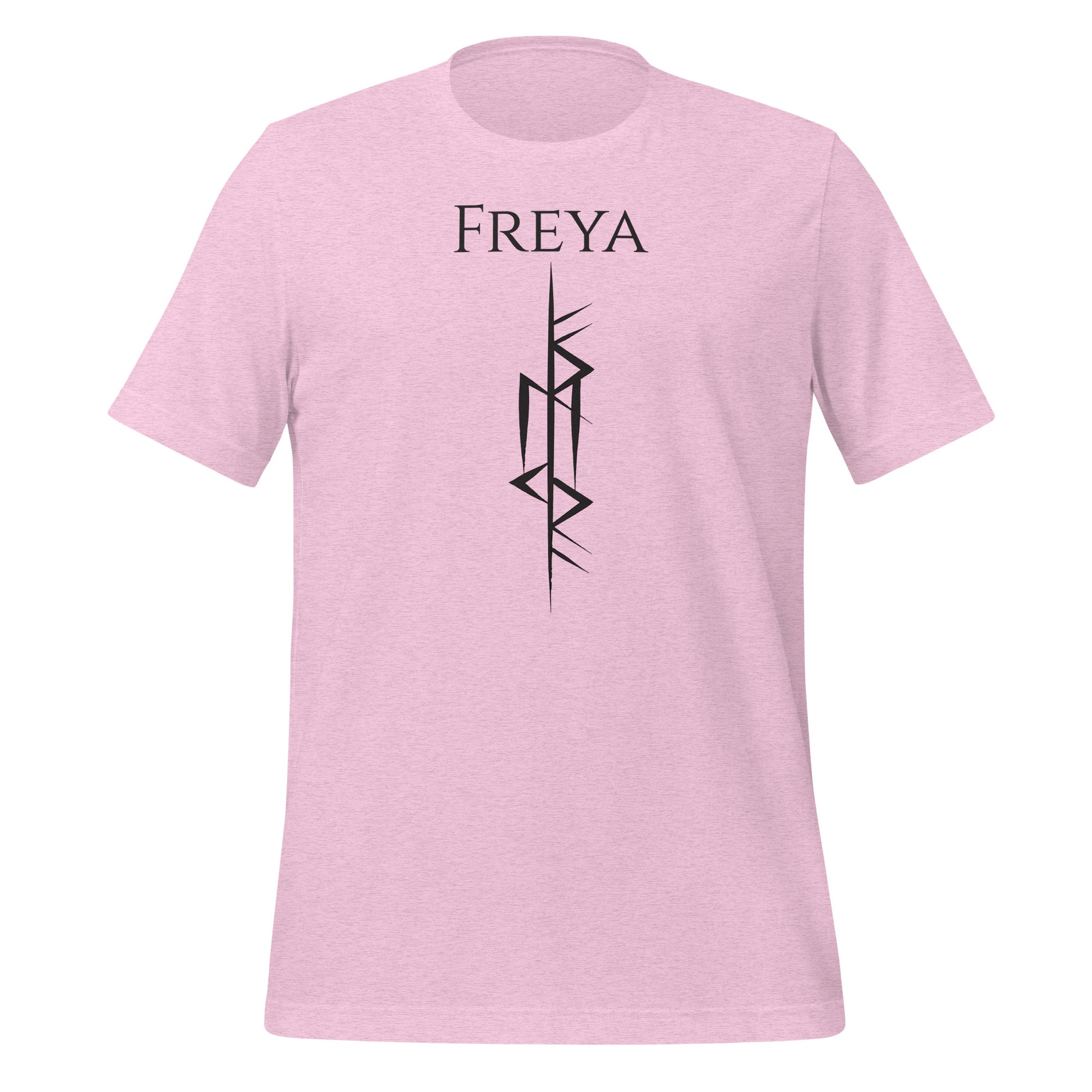 Viking warrior pink t-shirt that says Freya with the Freya Norse rune symbol created by Viking apparel shop Midnight Gypsy Designs.