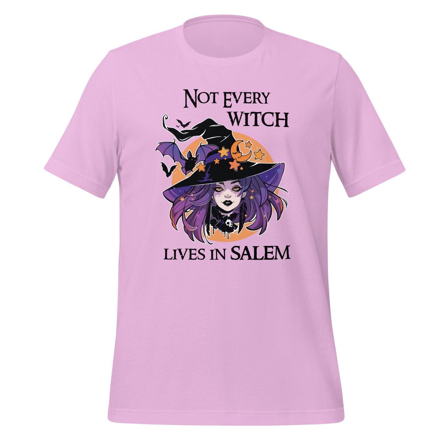 Lilac t-shirt that reads Not Every Witch Lives in Salem with a witch with purple hair wearing a black witch hat in front of a golden moon with stars and black bats created by apparel shop Midnight Gypsy Designs.