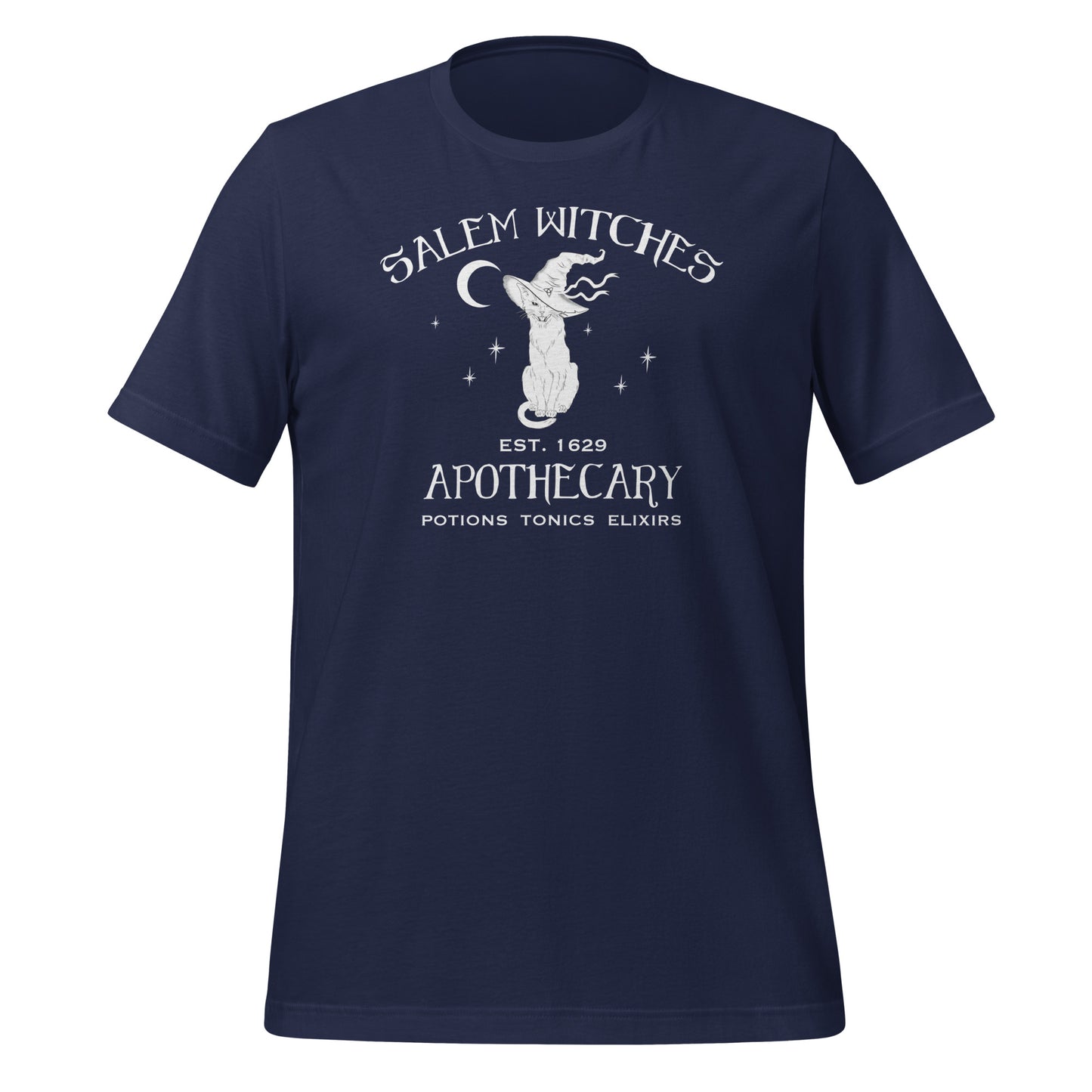 Navy t-shirt with the words Salem witches apothecary Est. 1629 with a black cat wearing a witches hat created by clothing apparel shop Midnight Gypsy Designs.