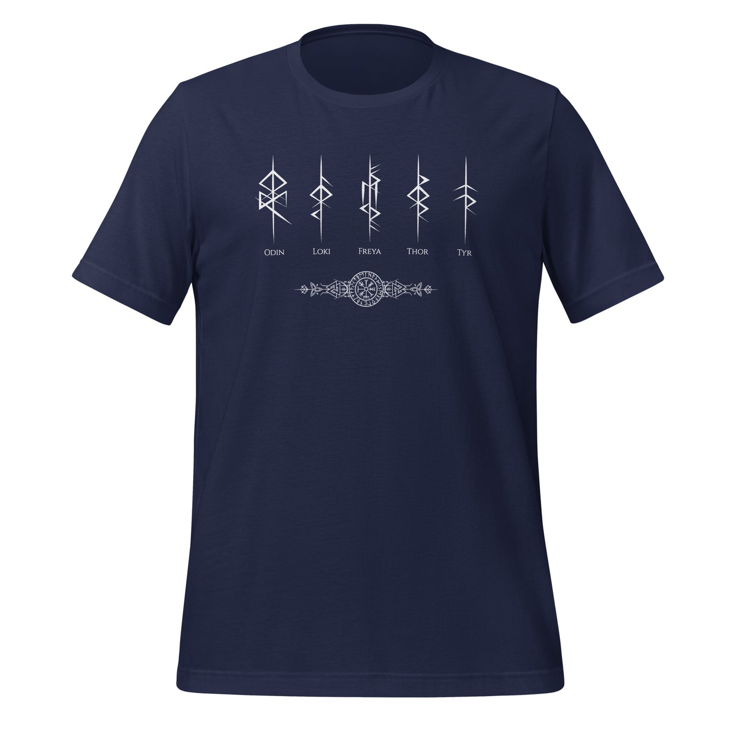 Navy t-shirt that reads Odin, Loki, Freya, Thor, and Tyr with Futhark rune symbols and vegvisir viking compass created by Norse Viking apparel shop Midnight Gypsy Designs. 