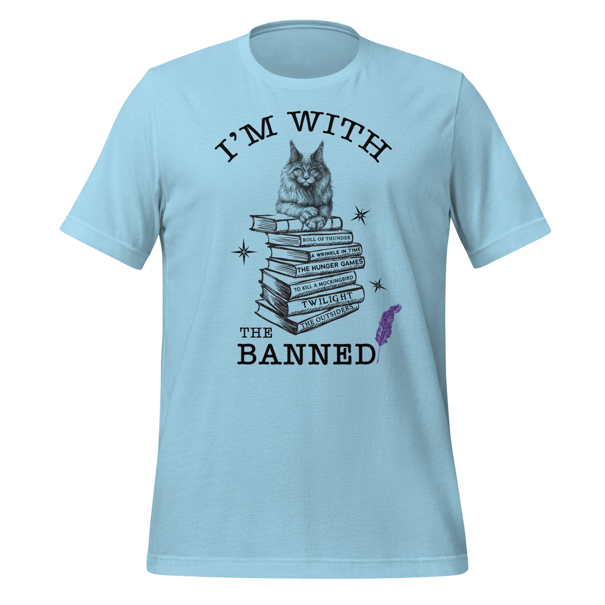 Ocean blue t-shirt that reads I'm With the Banned and has a cat sitting on top of a stack of banned books with a purple feather created by Midnight Gypsy Designs.