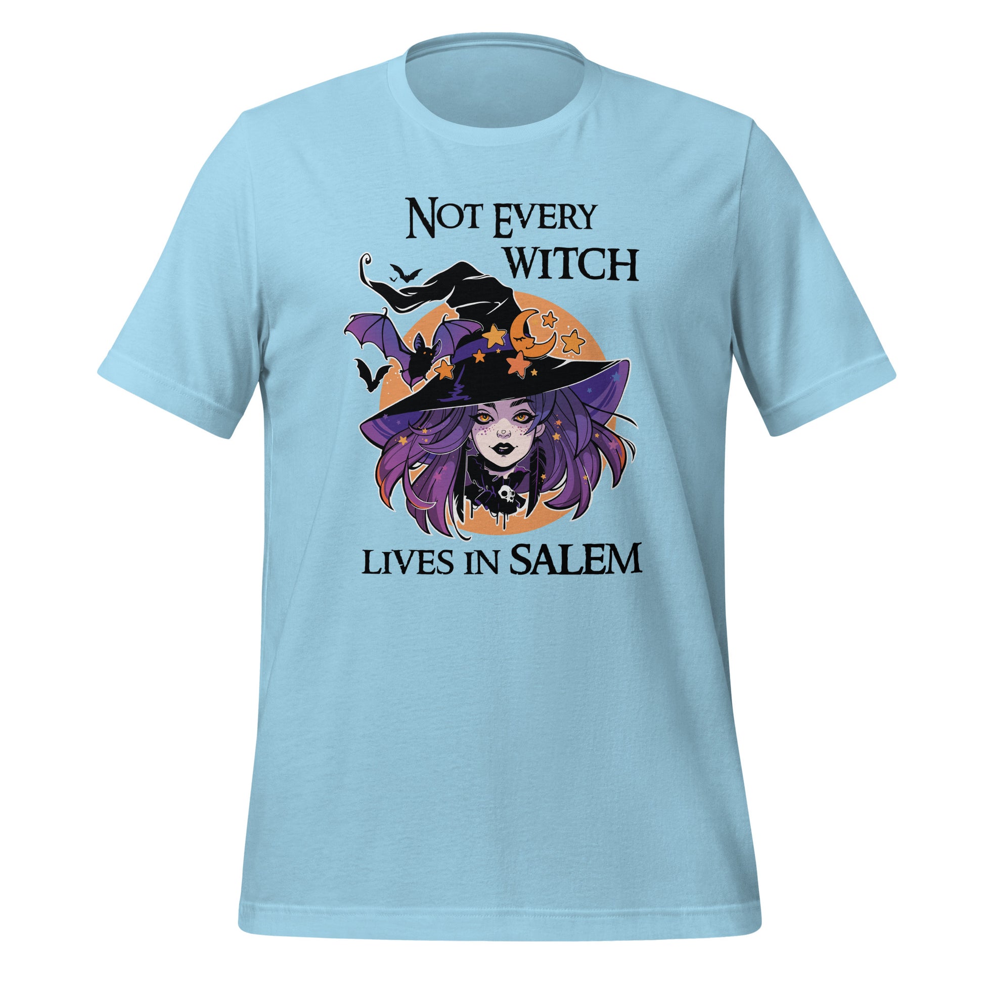 Ocean blue t-shirt that reads Not Every Witch Lives in Salem with a witch with purple hair wearing a black witch hat in front of a golden moon with stars and black bats created by apparel shop Midnight Gypsy Designs.