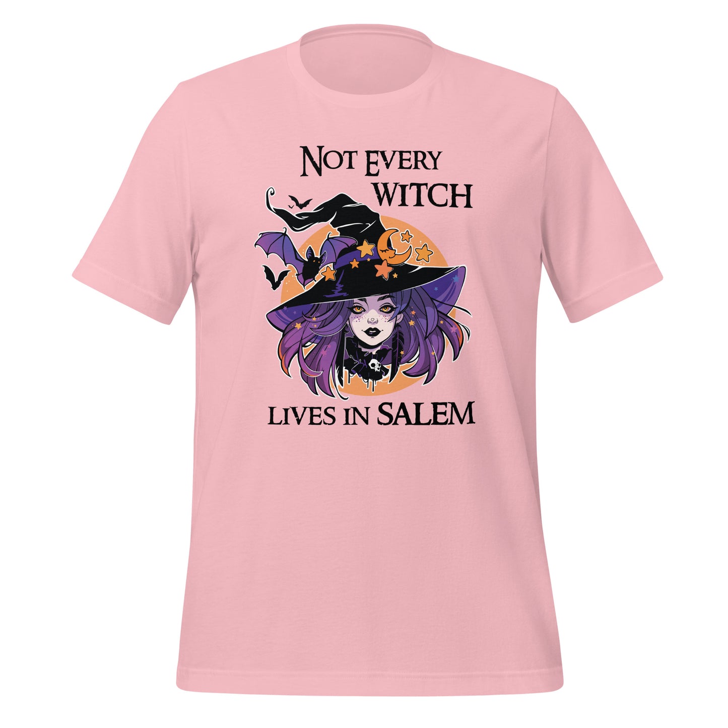 Peach t-shirt that reads Not Every Witch Lives in Salem with a witch with purple hair wearing a black witch hat in front of a golden moon with stars and black bats created by apparel shop Midnight Gypsy Designs.