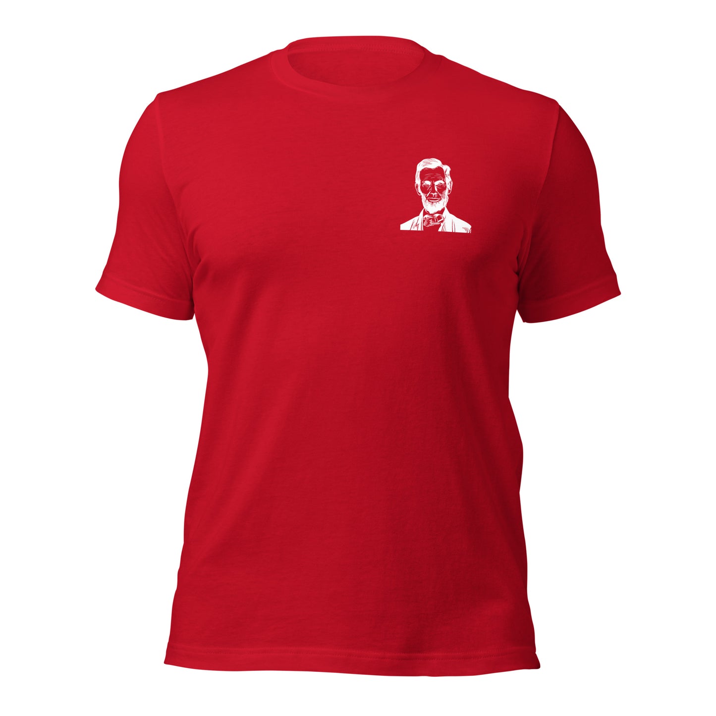 Red patriotic t-shirt that says those who deny freedom to others deserve it not for themselves by Abraham Lincoln with a photo of Abraham Lincoln on pocket of shirt created by apparel shop Midnight Gypsy Designs.