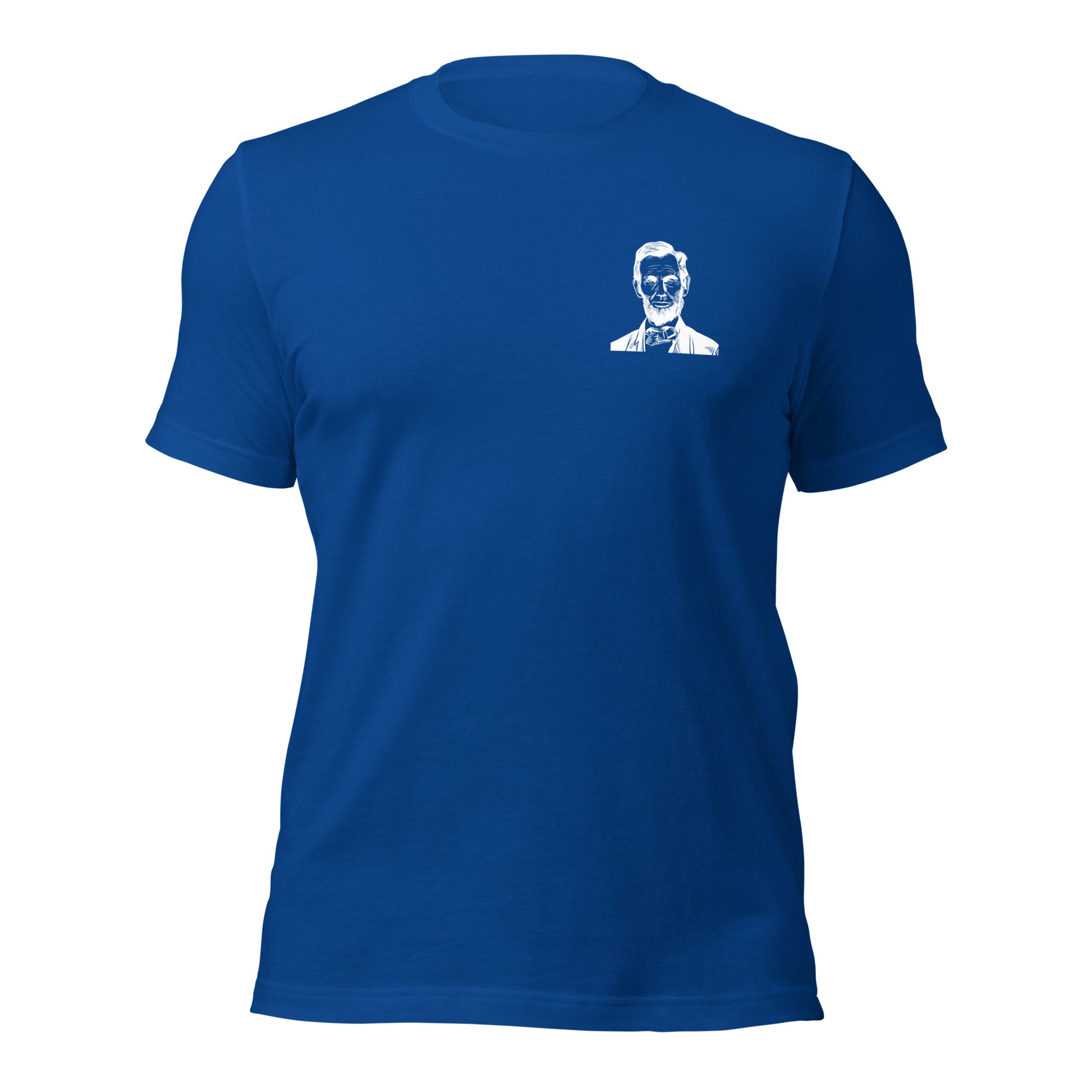 Blue patriotic t-shirt that says those who deny freedom to others deserve it not for themselves by Abraham Lincoln with a photo of Abraham Lincoln on pocket of shirt created by apparel shop Midnight Gypsy Designs.