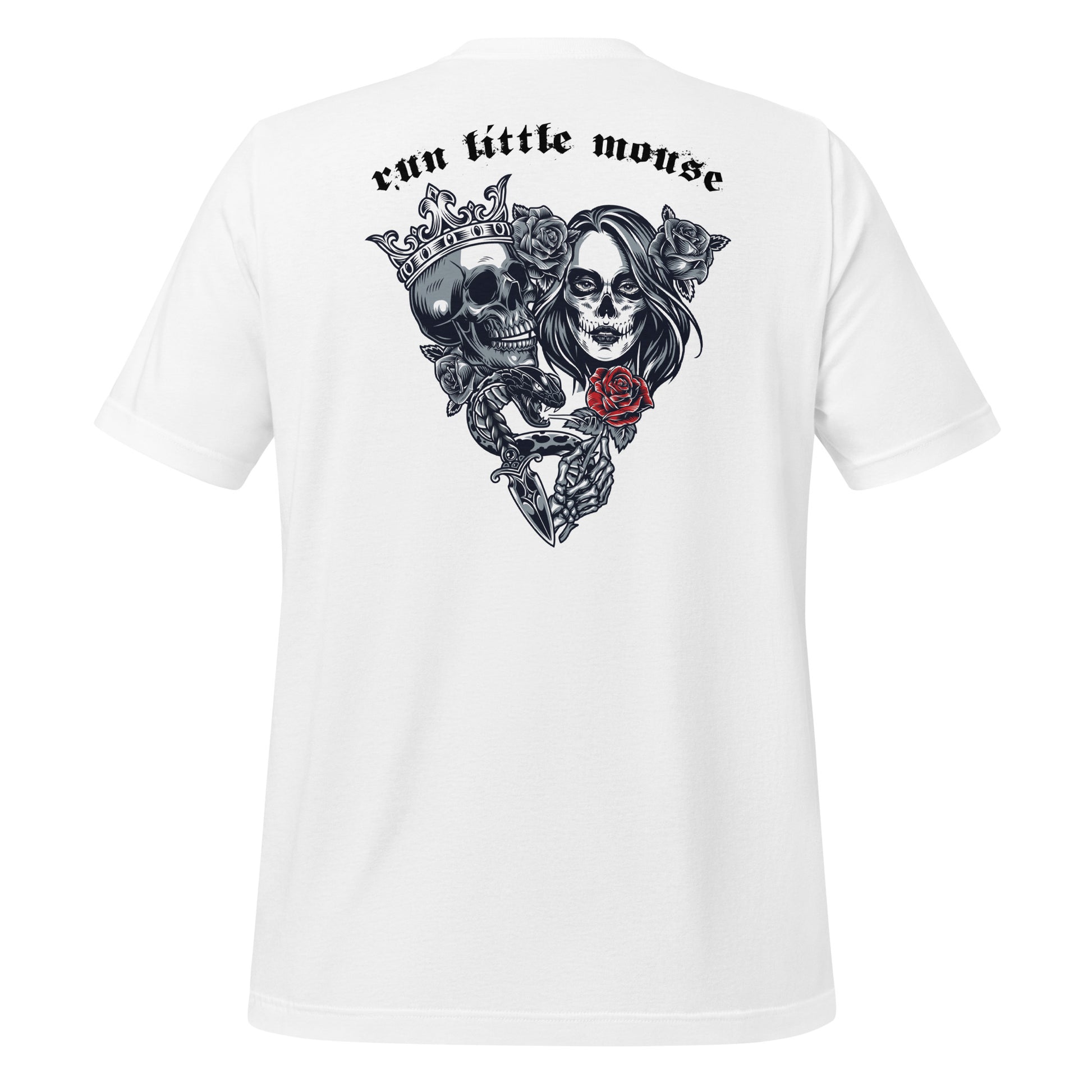 White t-shirt that reads Run Little Mouse with a skull and day of the dead woman holding a red rose from Haunting Adeline book created by bookish shop Midnight Gypsy Designs.