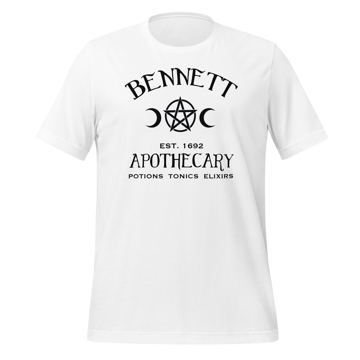 White t-shirt with black lettering that reads Bennett Apothecary Established 1692 Potions Tonics Elixirs with moon and witch pentacle inspired by Bonnie Bennett from The Vampire Diaries created by apparel shop Midnight Gypsy Designs.