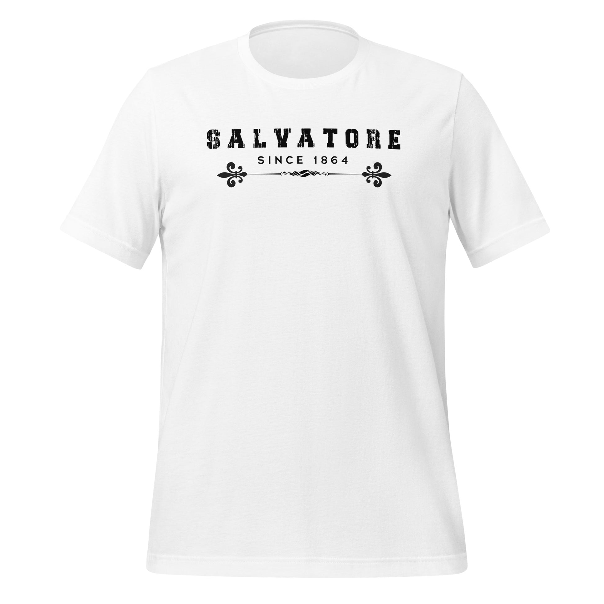 White t-shirt that reads Salvatore Since 1864 with fleur de lis created by bookish apparel shop Midnight Gypsy Designs.