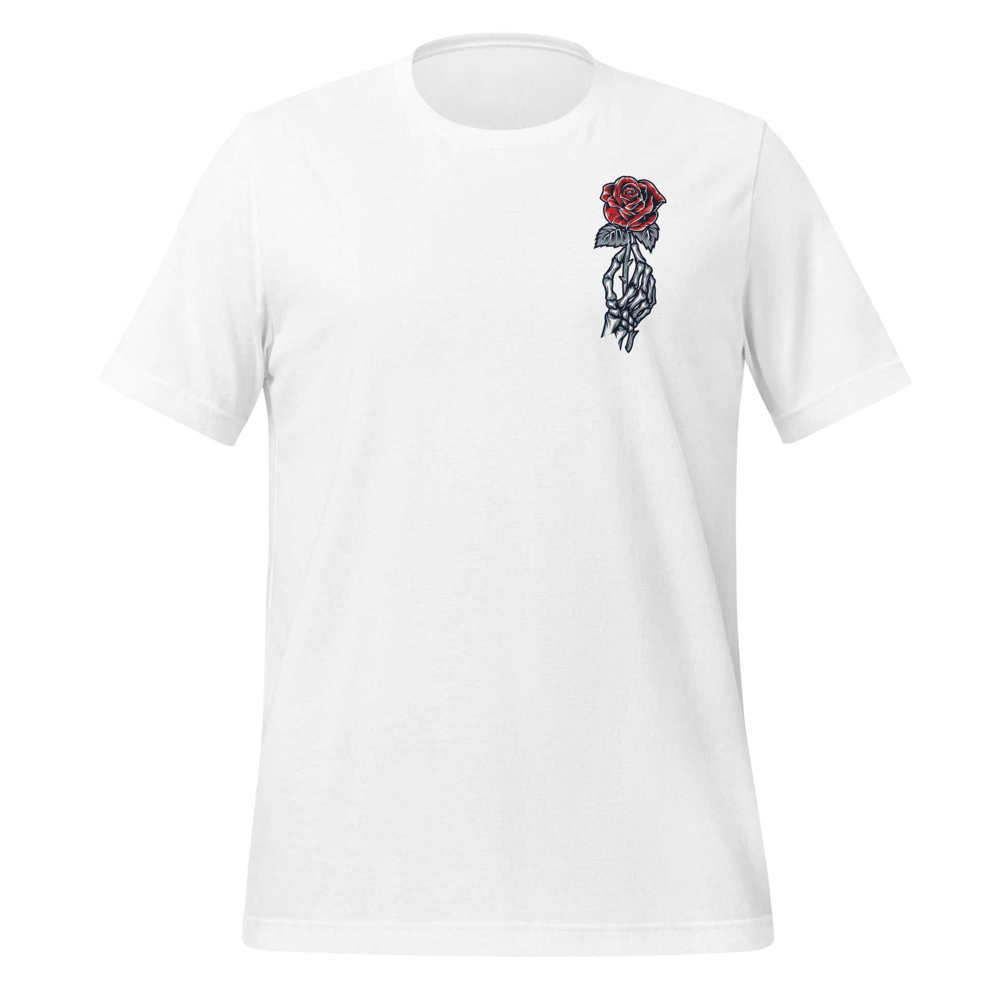 White t-shirt that reads Run Little Mouse with a skull and day of the dead woman holding a red rose from Haunting Adeline book created by bookish shop Midnight Gypsy Designs.