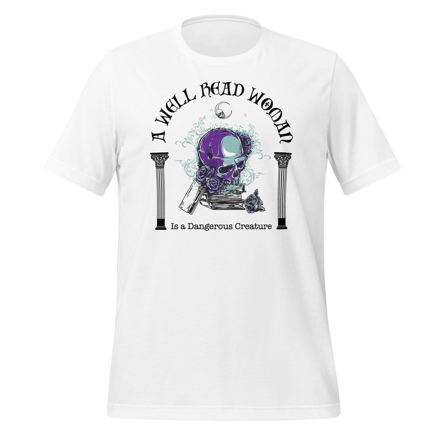 White t-shirt with words A Well Read Woman Is a Dangerous Creature with a purple skull with roses on top of a stack of books from bookish shop Midnight Gypsy Designs.