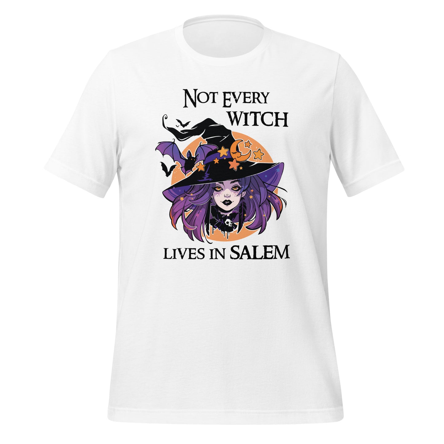 White t-shirt that reads Not Every Witch Lives in Salem with a witch with purple hair wearing a black witch hat in front of a golden moon with stars and black bats created by apparel shop Midnight Gypsy Designs.