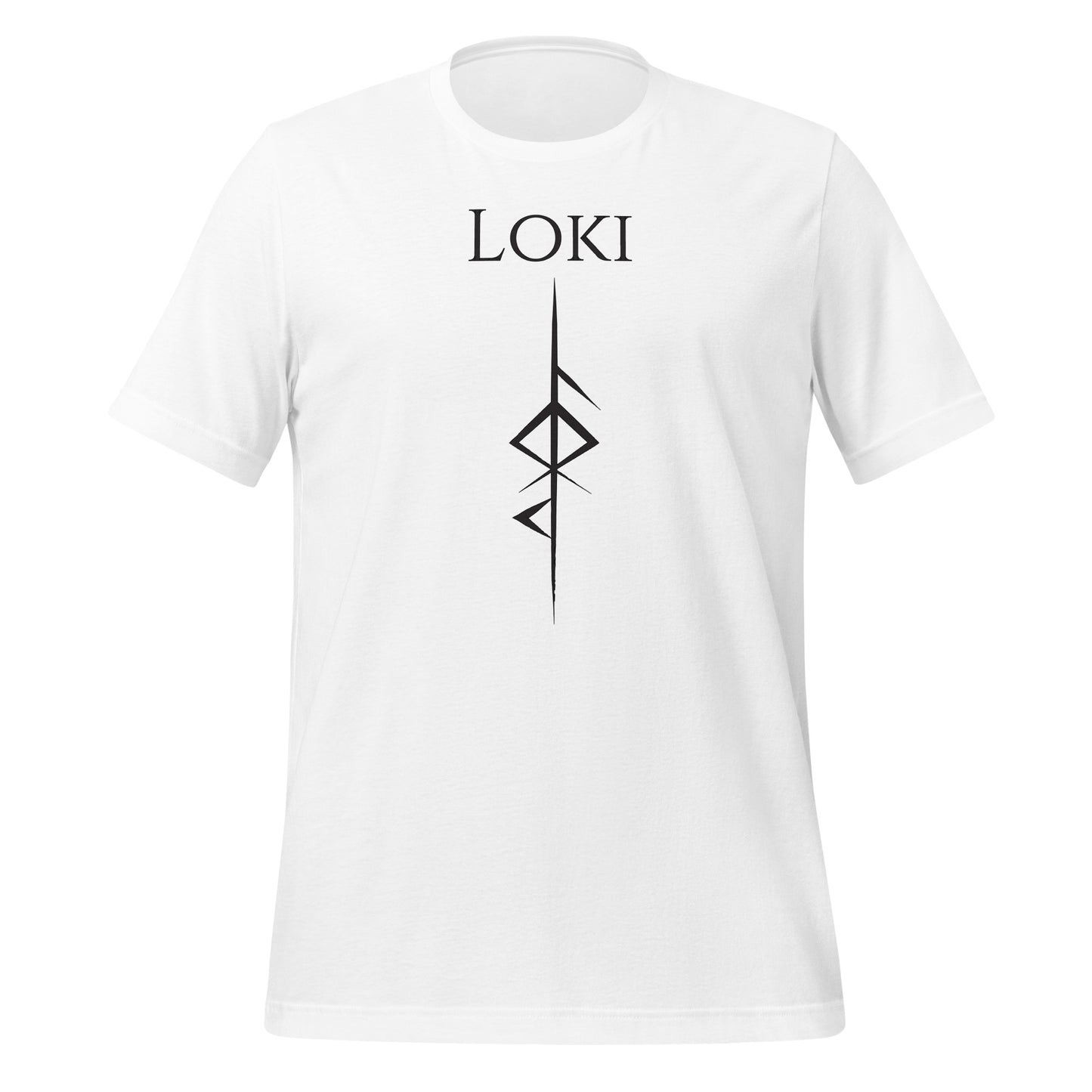 White t-shirt that reads Loki with the Loki Futhark rune symbol for Loki God of Mischief created by Norse Viking apparel shop Midnight Gypsy Designs. 