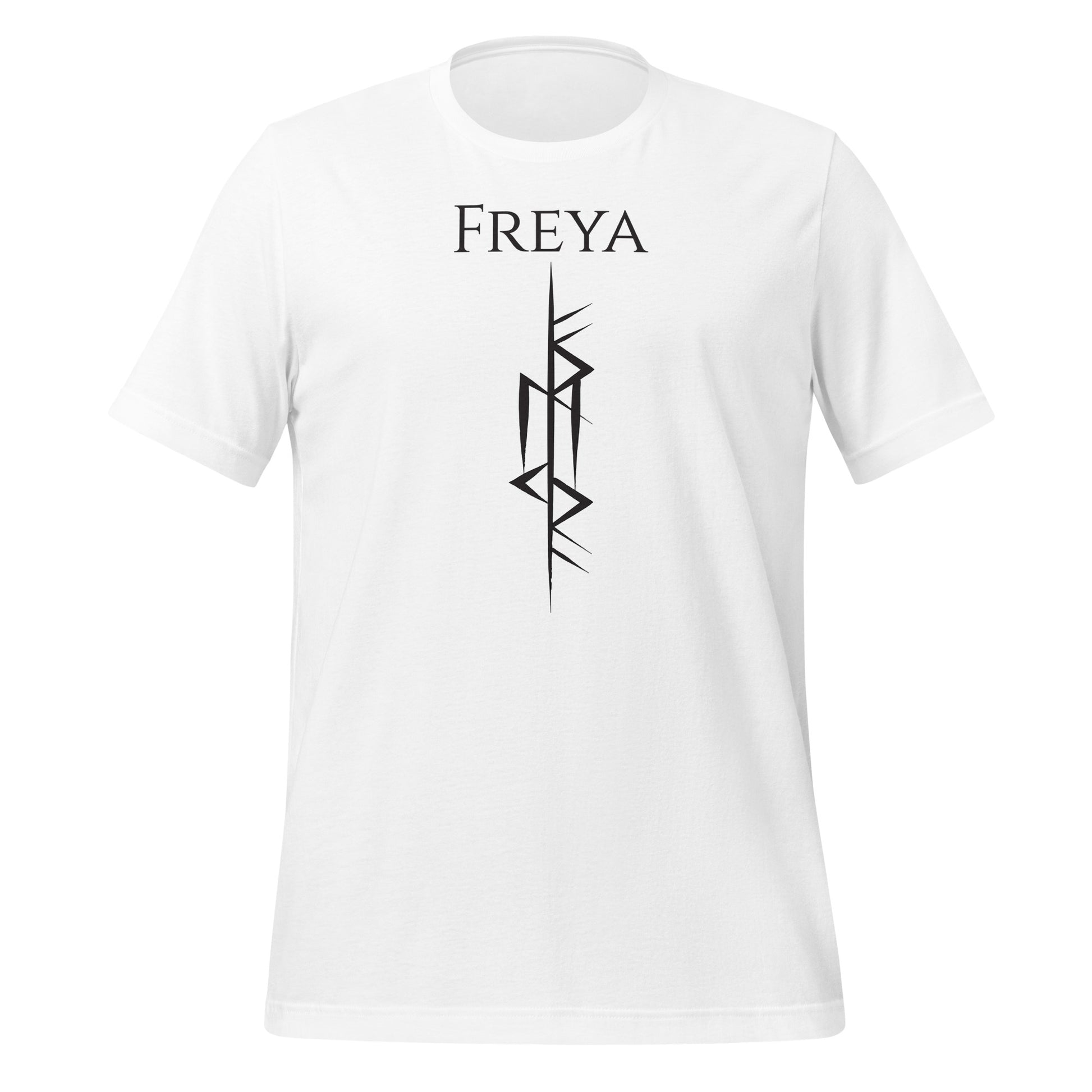 Viking warrior white t-shirt that says Freya with the Freya Goddess of Love Norse rune symbol created by Viking apparel shop Midnight Gypsy Designs.