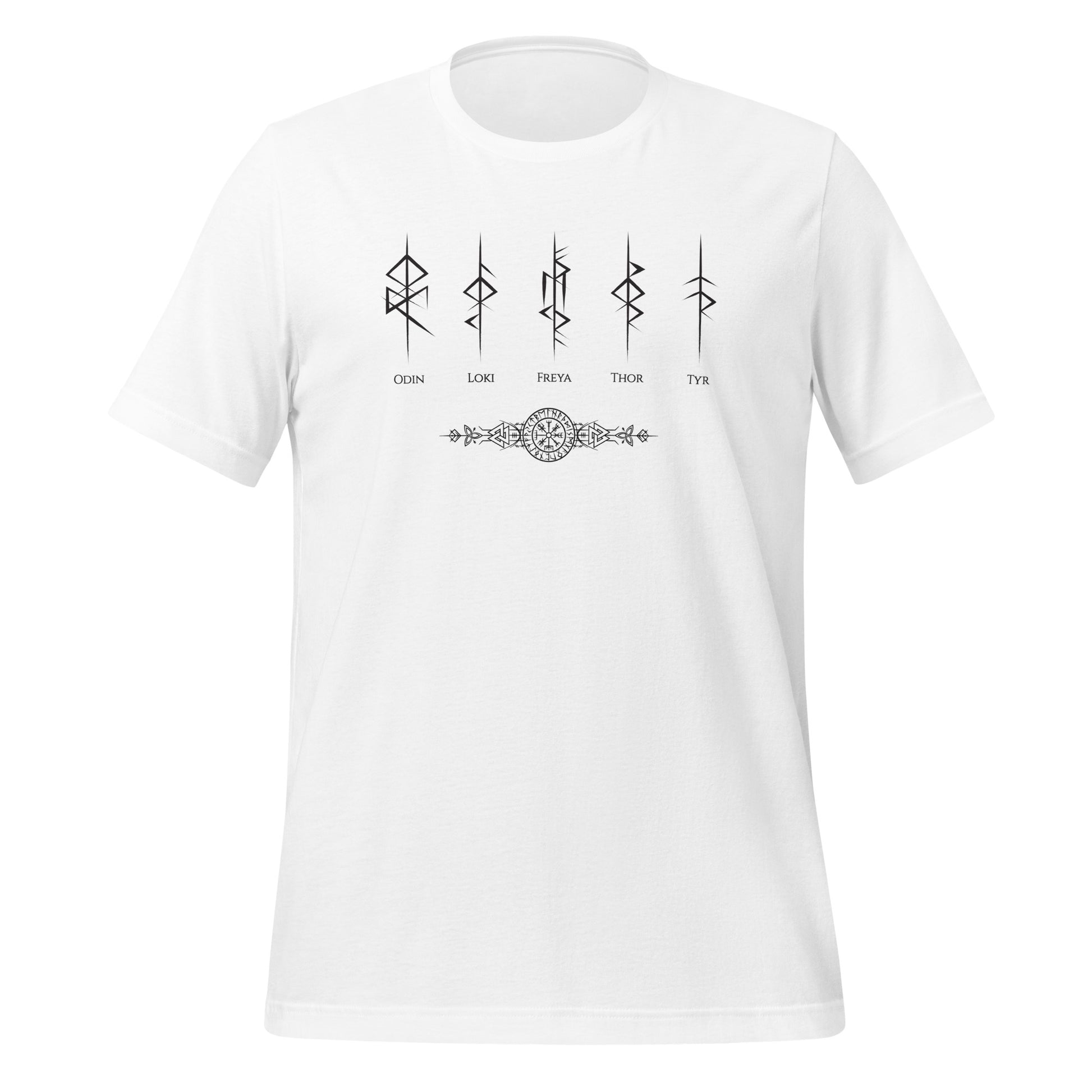 White t-shirt that reads Odin, Loki, Freya, Thor, and Tyr with Futhark rune symbols and vegvisir viking compass created by Norse Viking apparel shop Midnight Gypsy Designs. 