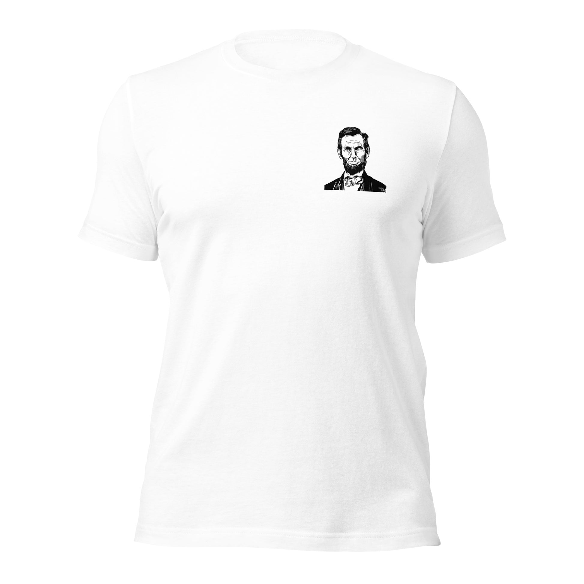 White patriotic t-shirt that says those who deny freedom to others deserve it not for themselves by Abraham Lincoln with a photo of Abraham Lincoln on pocket of shirt created by apparel shop Midnight Gypsy Designs.