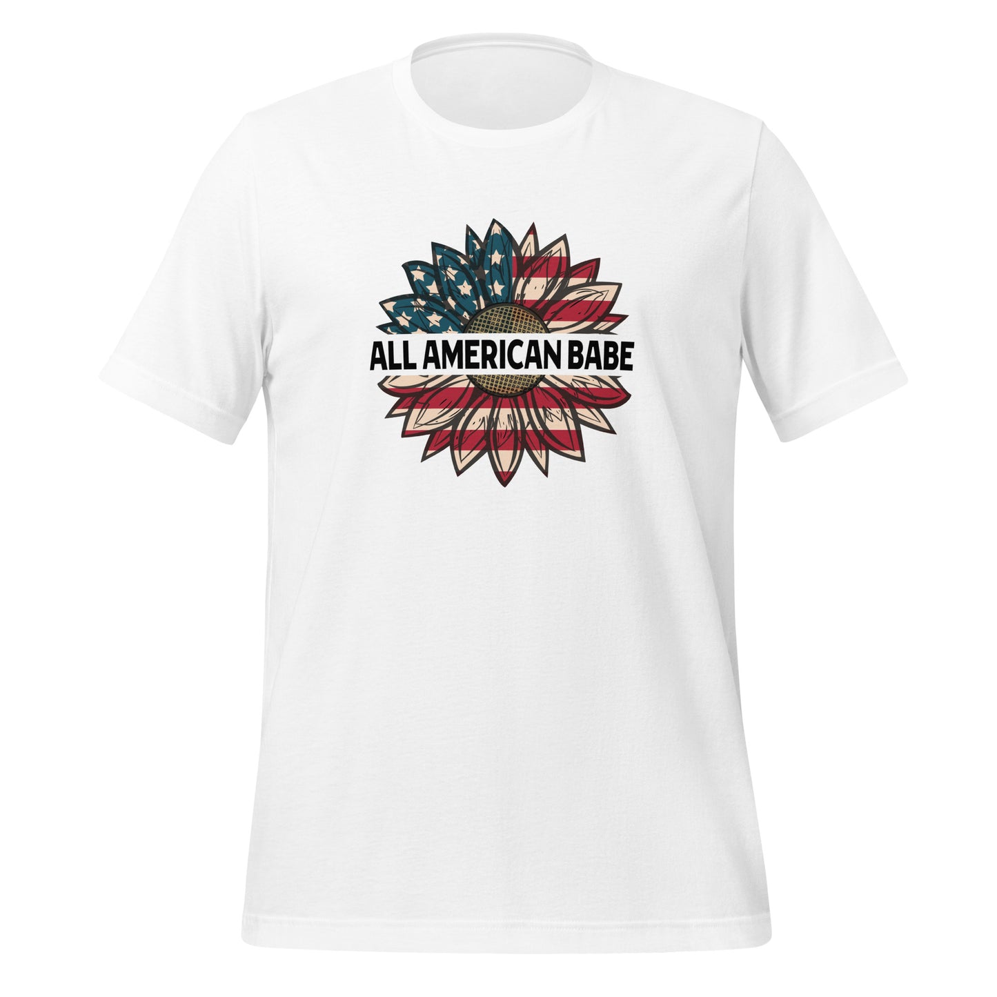 White All American Babe patriotic t-shirt with an American flag sunflower created by USA patriotic apparel shop Midnight Gypsy Designs. 