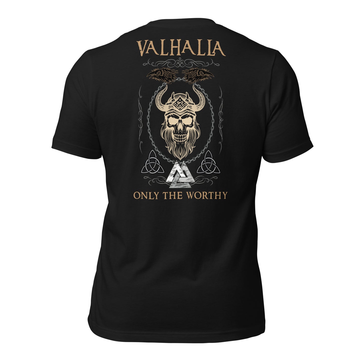 A black Valhalla Viking Warrior Shirt that says Valhalla Only the Worthy with a Viking skull and Valknut symbol created by Viking apparel company Midnight Gypsy Designs as part of their Viking Apparel clothing line. Perfect Odin God of War shirt, black Vikings shirt, Viking Odin shirt, Valhalla warrior shirt, Norse Viking tee, Norse mythology t-shirt, and pagan shirt for men.