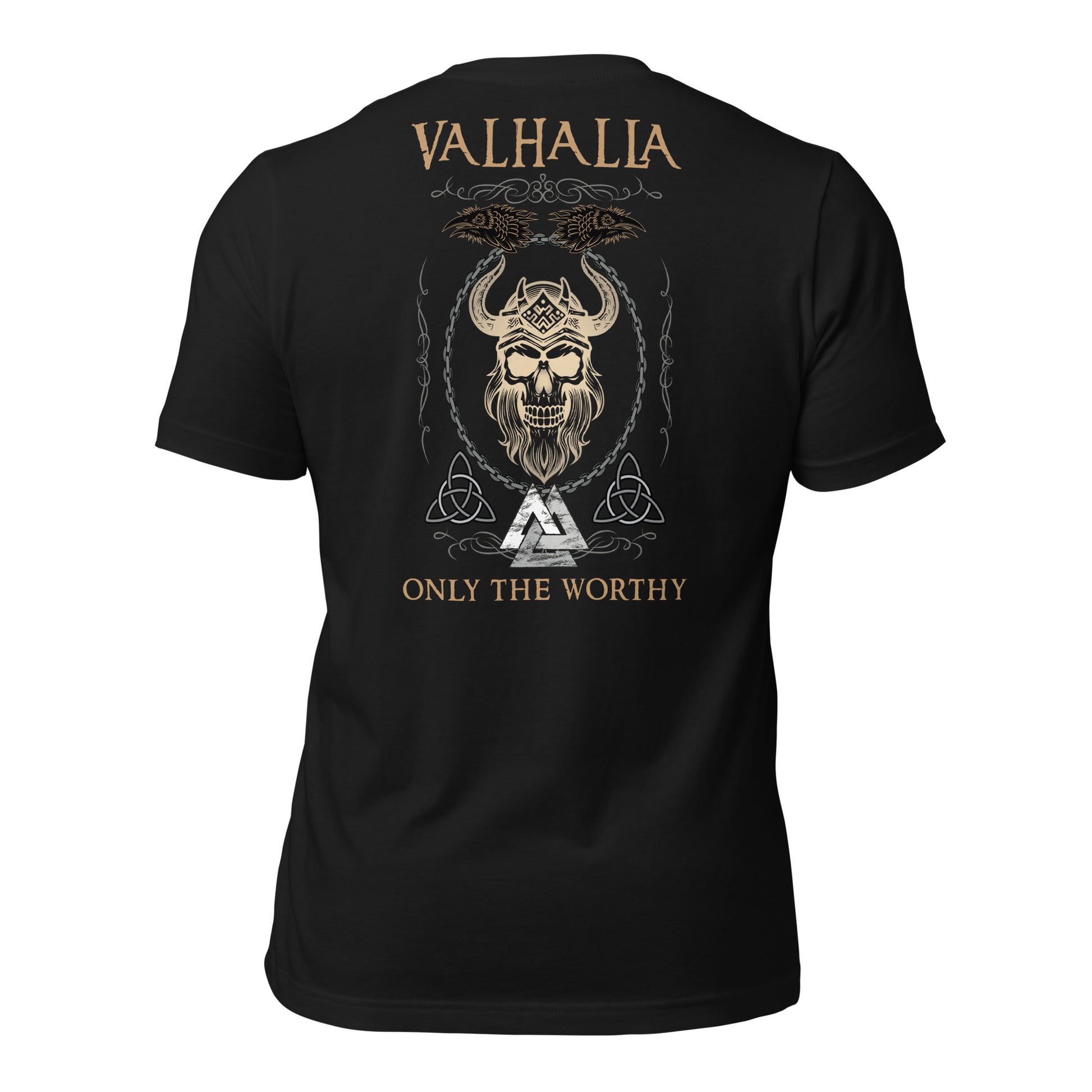 A black Valhalla Viking Warrior Shirt that says Valhalla Only the Worthy with a Viking skull and Valknut symbol created by Viking apparel company Midnight Gypsy Designs as part of their Viking Apparel clothing line. Perfect Odin God of War shirt, black Vikings shirt, Viking Odin shirt, Valhalla warrior shirt, Norse Viking tee, Norse mythology t-shirt, and pagan shirt for men.