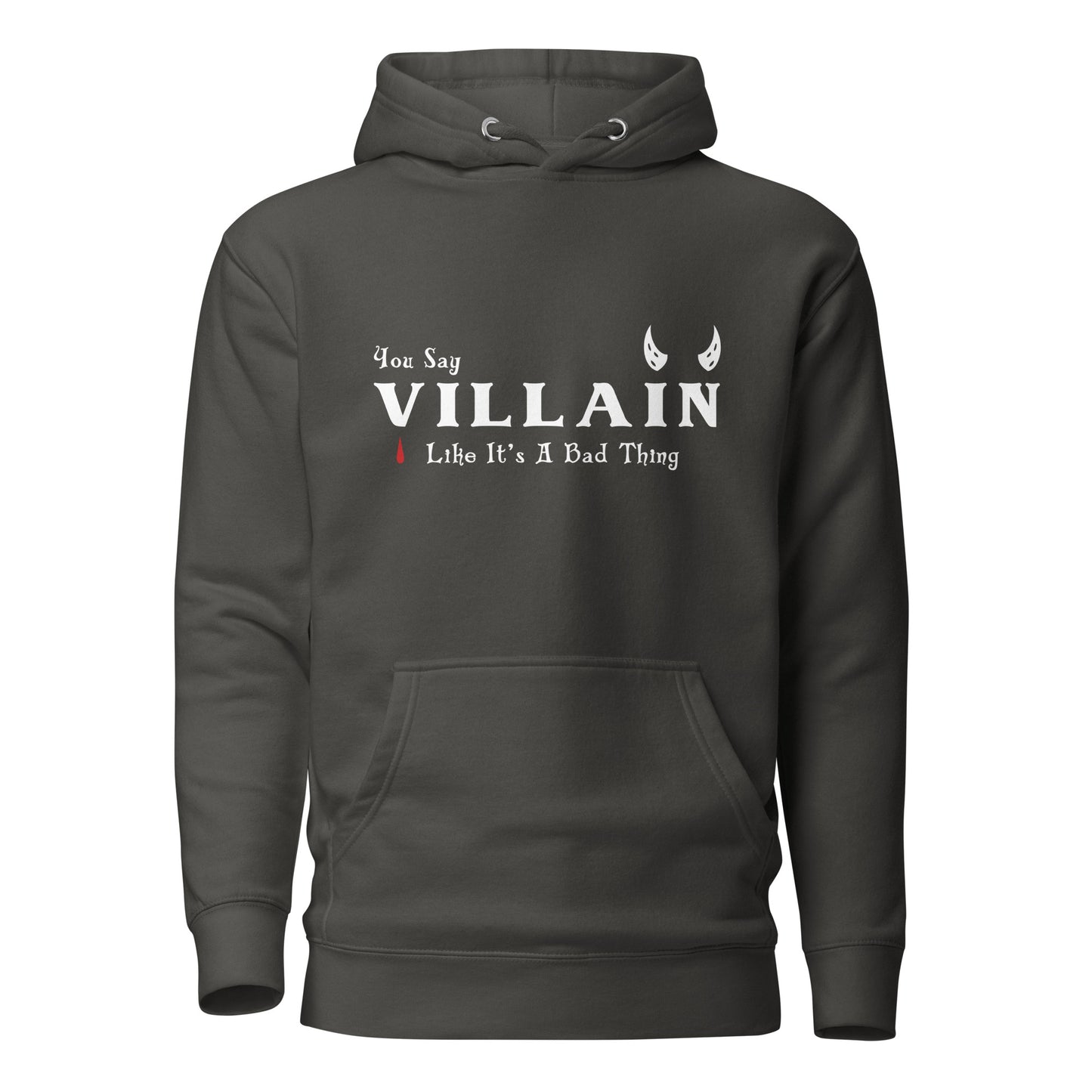 Vintage black villain hoodie that says You Say Villain Like It's A Bad Thing with devil horns created by graphic apparel company Midnight Gypsy Designs.