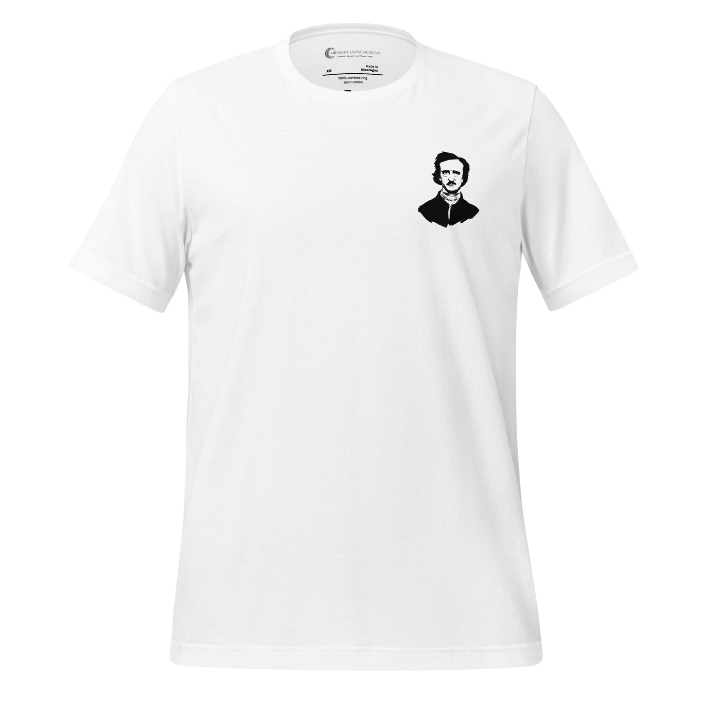 White Edgar Allan Poe shirt that says Be Like Poe  created by graphic apparel company Midnight Gypsy Designs as part of their Dark Academia t-shirt collection. Perfect Edgar Allan Poe merch, Edgar Allan Poe fans shirt, Edgar Allan Poe literary shirt, Edgar Allan Poe Poet shirt, Edgar Allan Poe librarian shirt, and Edgar Allan Poe fan shirt for readers.