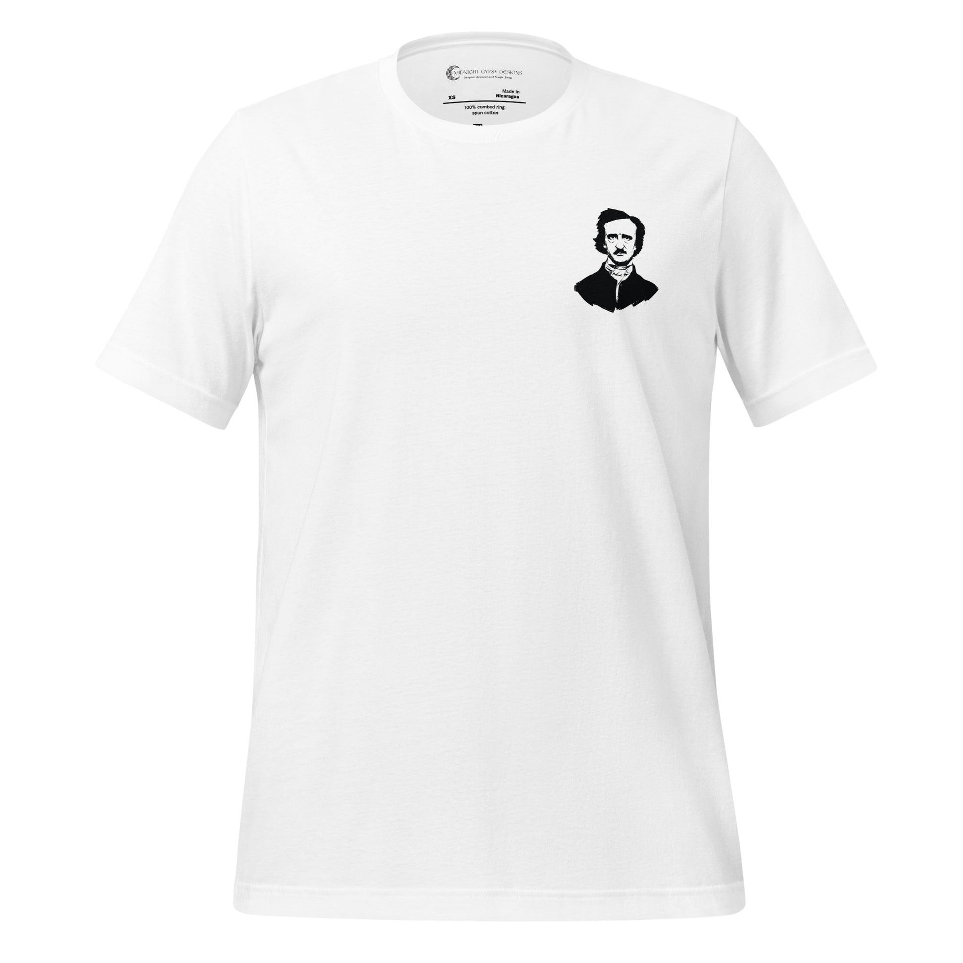 White Edgar Allan Poe shirt that says Be Like Poe  created by graphic apparel company Midnight Gypsy Designs as part of their Dark Academia t-shirt collection. Perfect Edgar Allan Poe merch, Edgar Allan Poe fans shirt, Edgar Allan Poe literary shirt, Edgar Allan Poe Poet shirt, Edgar Allan Poe librarian shirt, and Edgar Allan Poe fan shirt for readers.