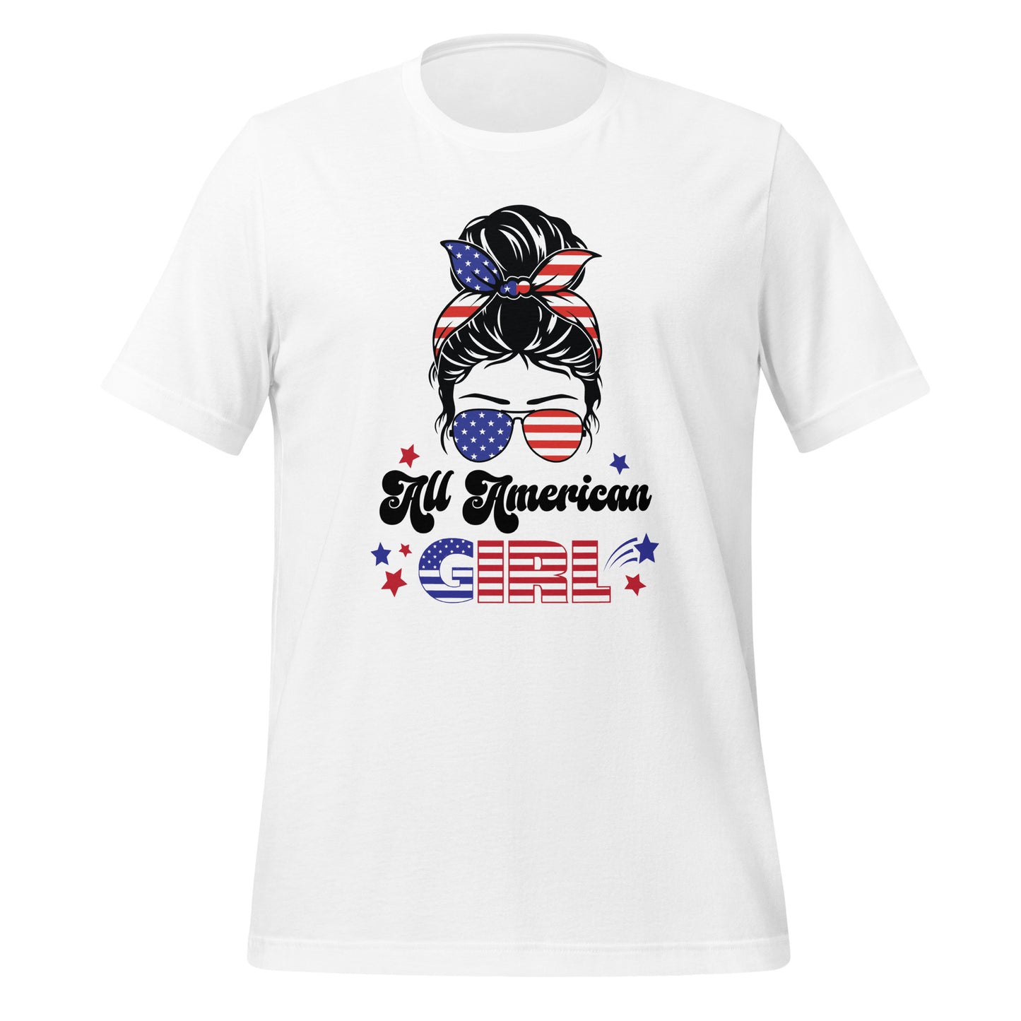 A white All American Girl t-shirt of a patriotic woman with a messy bun in her hair and patriotic aviator sunglasses with red and blue stars created by patriotic apparel clothing shop Midnight Gypsy Designs as part of their USA patriotic shirt line.