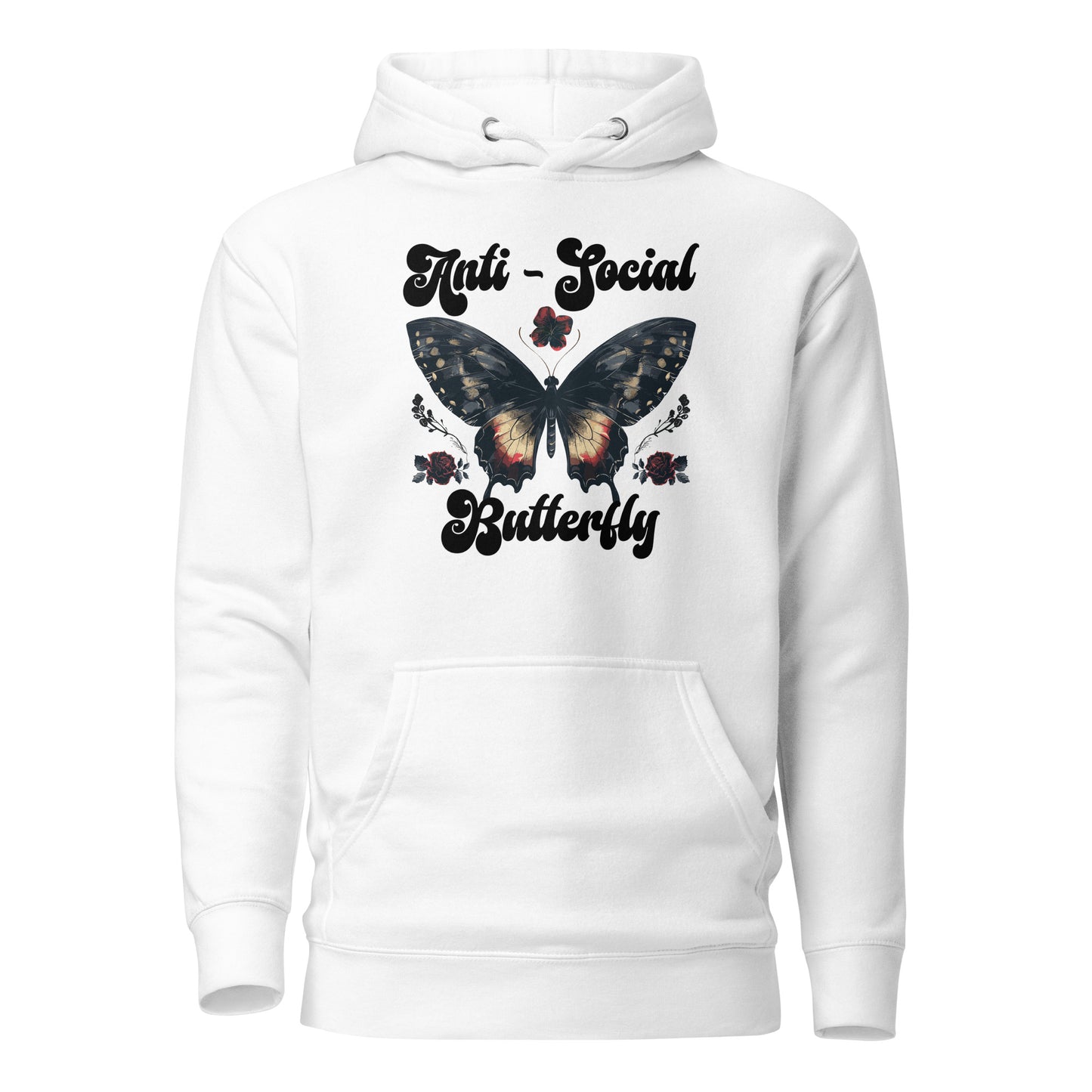 White anti-social butterfly hoodie created by apparel shop Midnight Gypsy Designs featuring a cute boho butterfly with flowers.