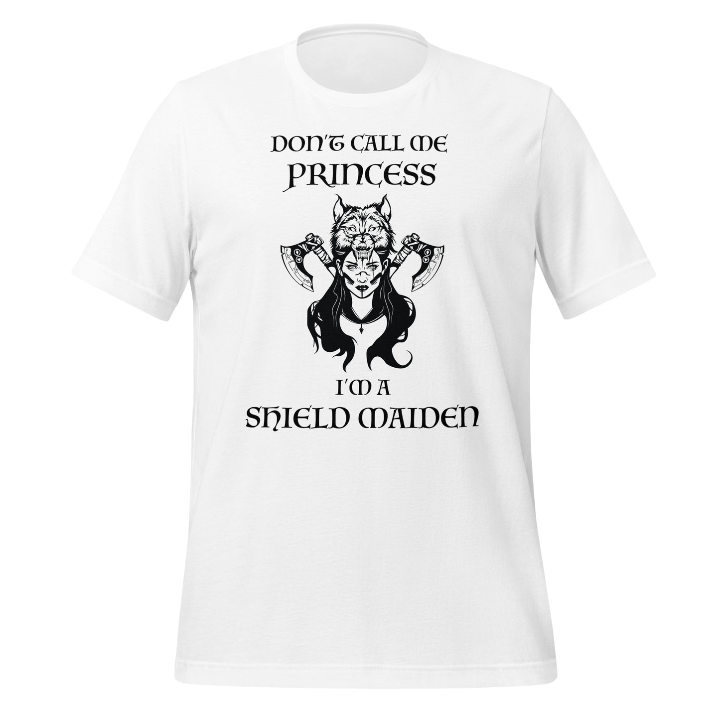 White Viking Warrior t-shirt for women with lettering that says Don't Call Me Princess I'm a Shield Maiden with a female Viking Warrior with Norse Viking axes and a Fenrir wolf created by graphic apparel shop Midnight Gypsy Designs as part of their Viking clothing line. Perfect Norse Viking shirt for women, Don't Call Me Princess shirt, Viking Shield Maiden warrior shirt, girl power shirt, girl power tee, Norse Mythology t-shirt, and Viking Fenrir wolf shirt.