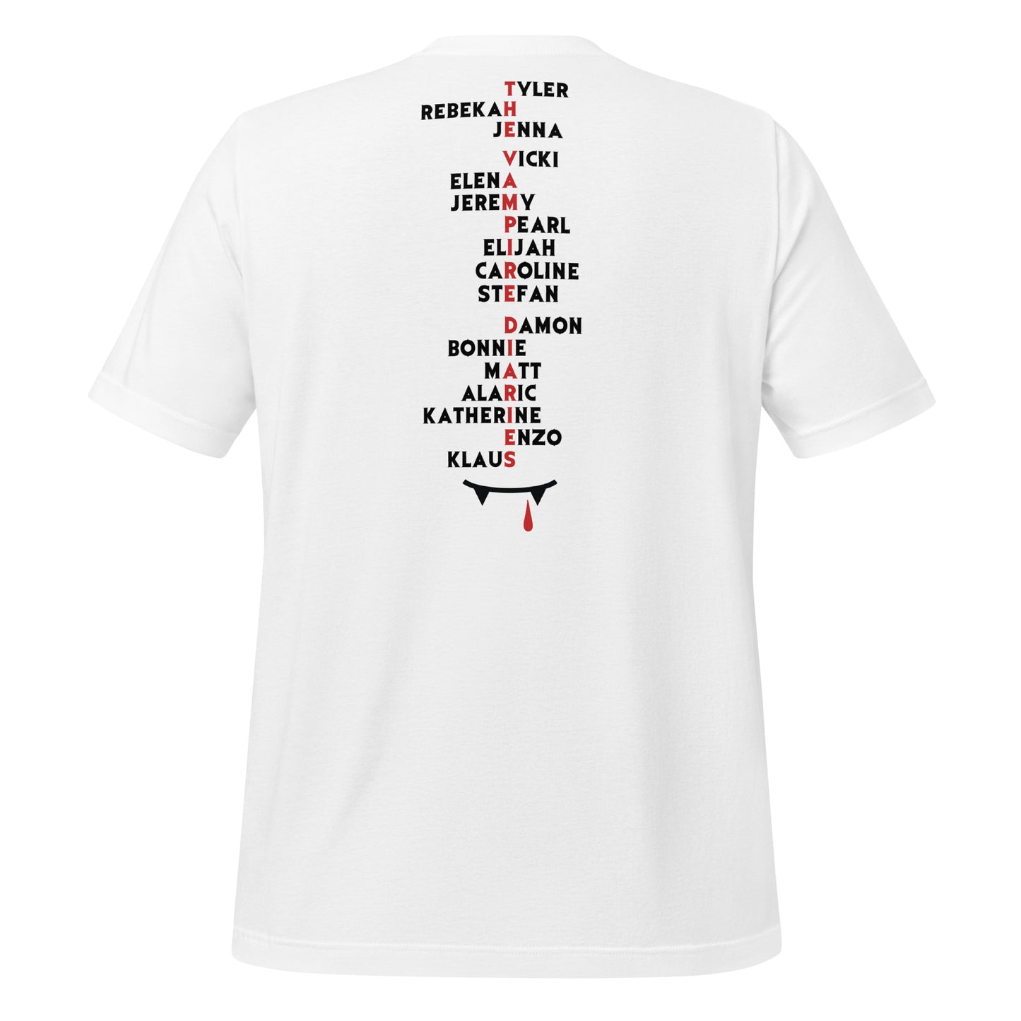 White Mystic Falls Virginia shirt with character names on the back for the Vampire Diaries apparel line by fandom graphic shirt company Midnight Gypsy Designs.