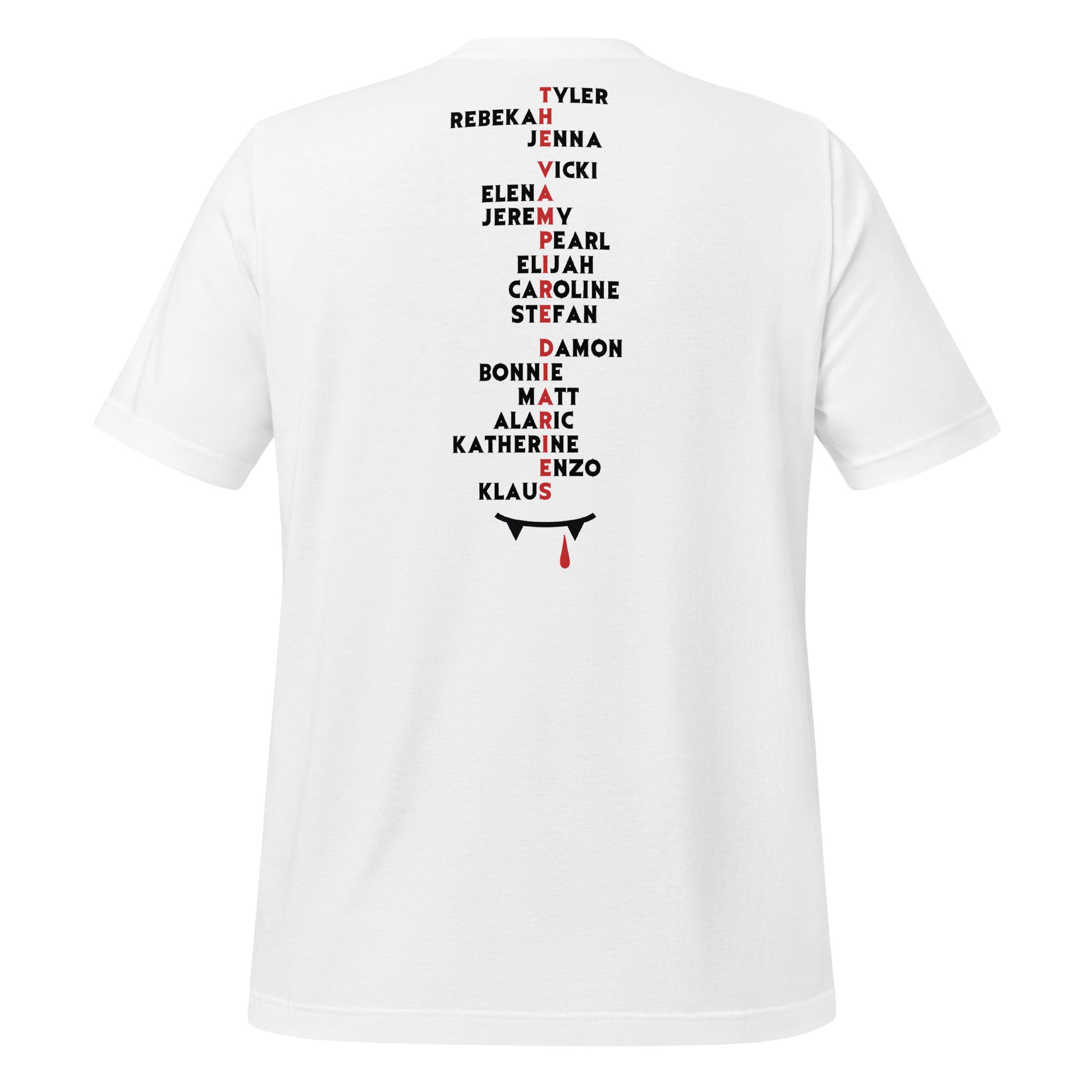 White Mystic Falls Virginia shirt with character names on the back for the Vampire Diaries apparel line by fandom graphic shirt company Midnight Gypsy Designs.