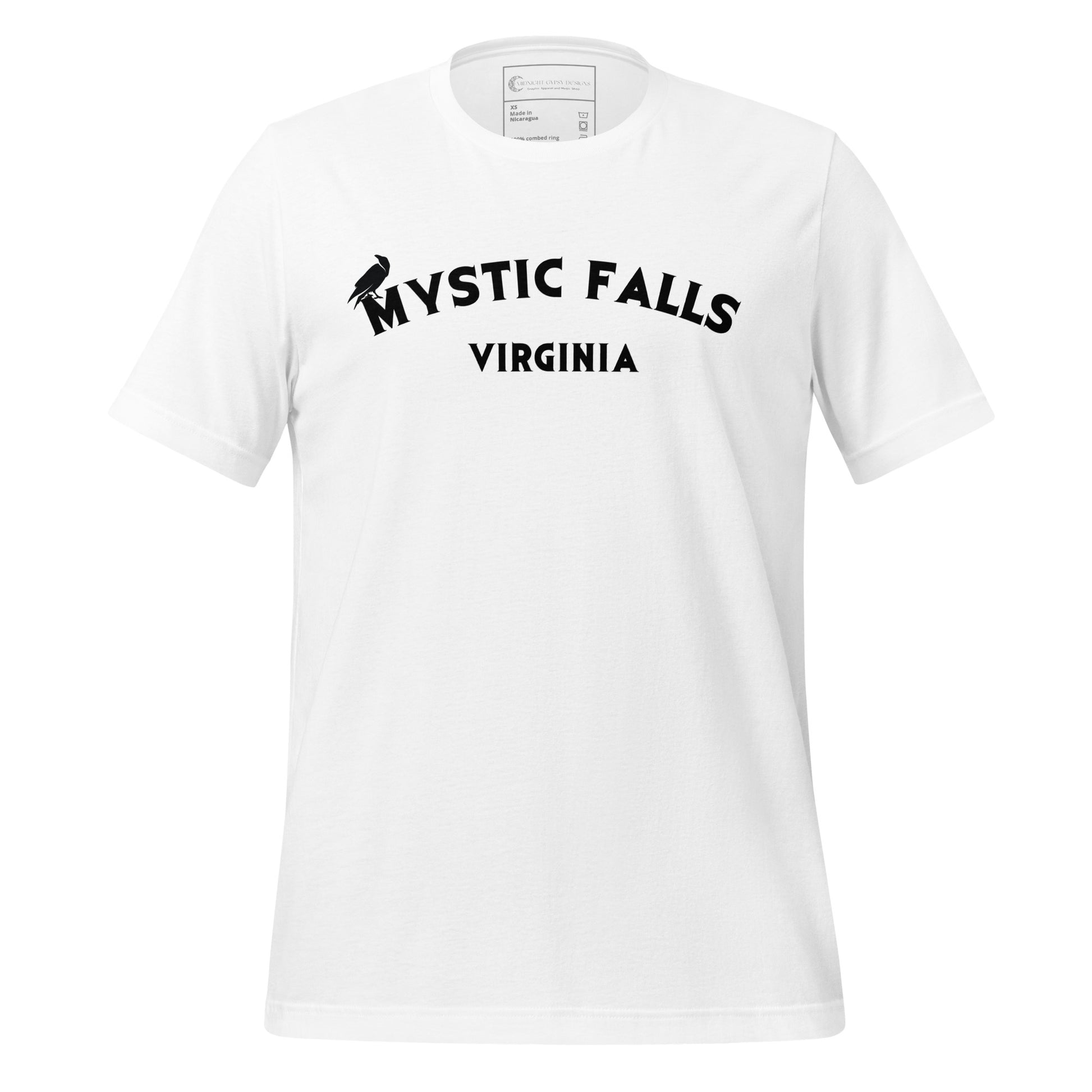 White Mystic Falls Virginia shirt with crow on front for the Vampire Diaries apparel line by fandom graphic shirt company Midnight Gypsy Designs.