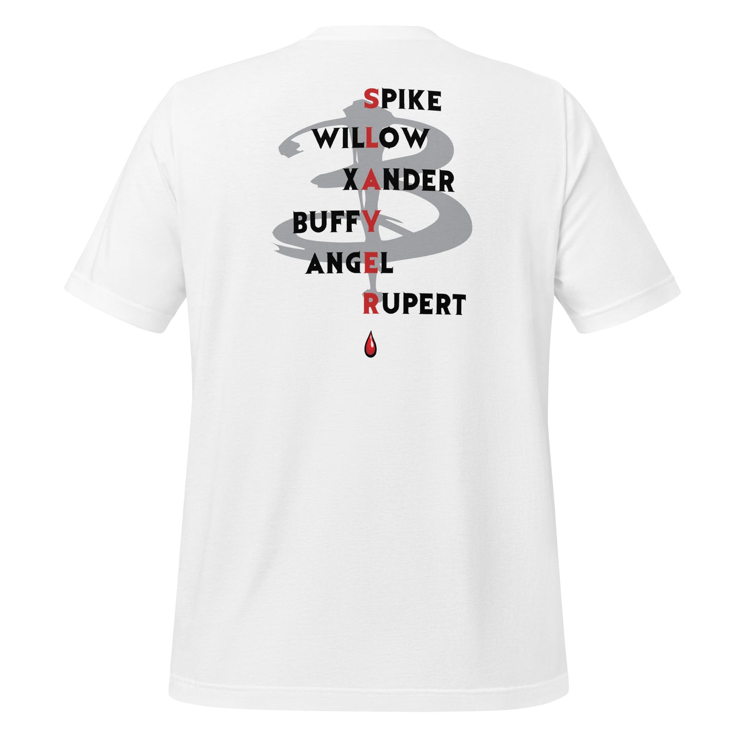 White Scooby Gang Buffy the Vampire Slayer T-shirt with the character names Spike, Willow, Xander, Buffy, Angel, and Rupert on the back with the word Slayer in red and a red blood drip created by fandom graphic apparel company Midnight Gypsy Designs as part of their Buffy the Vampire Slayer clothing line.