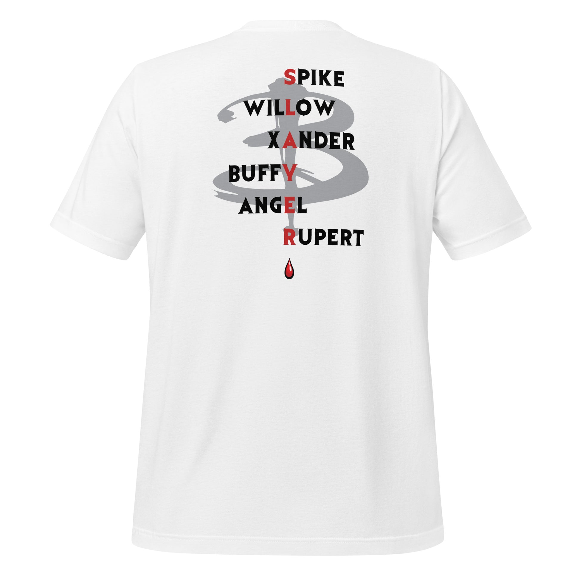 White Scooby Gang Buffy the Vampire Slayer T-shirt with the character names Spike, Willow, Xander, Buffy, Angel, and Rupert on the back with the word Slayer in red and a red blood drip created by fandom graphic apparel company Midnight Gypsy Designs as part of their Buffy the Vampire Slayer clothing line.