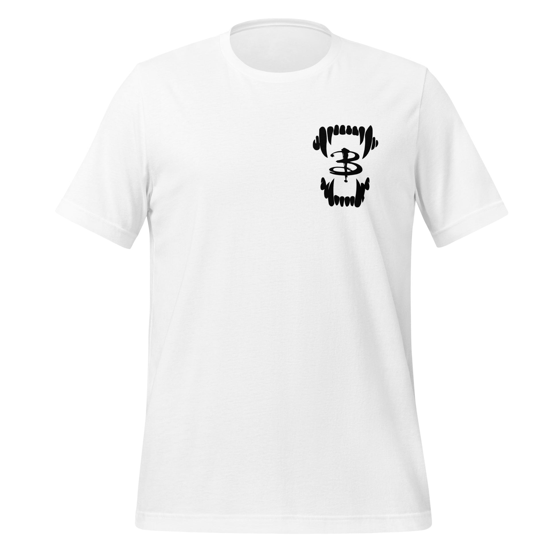 White Scooby Gang Buffy the Vampire Slayer T-shirt with vampire teeth on the front and the character names Spike, Willow, Xander, Buffy, Angel, and Rupert on the back with the word Slayer in red and a red blood drip created by fandom graphic apparel company Midnight Gypsy Designs as part of their Buffy the Vampire Slayer clothing line.