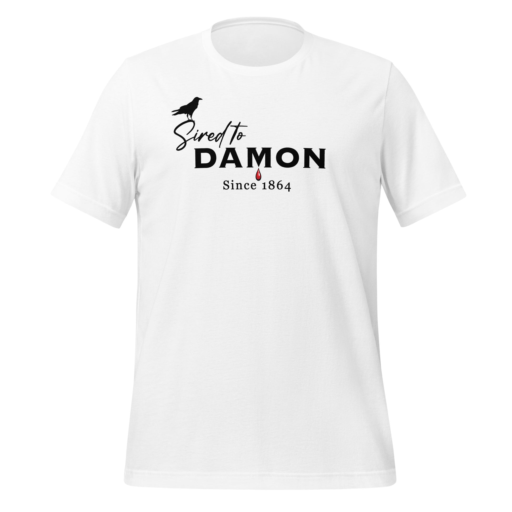 White The Vampire Diaries Sired to Damon Since 1864 t-shirt with a crow and blood drip created by fandom graphic apparel company Midnight Gypsy Designs as part of their The Vampire Diaries clothing line. Perfect Damon Salvatore shirt and Team Damon shirt.