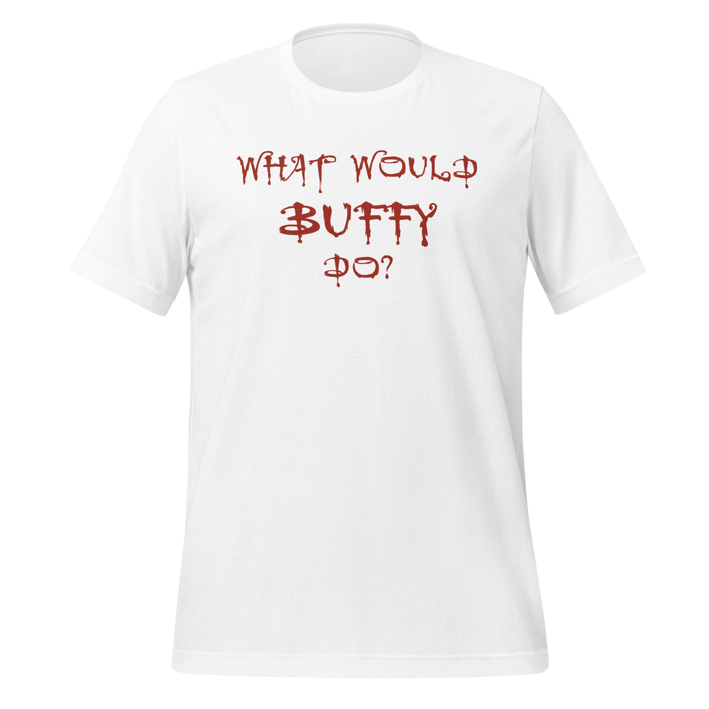 White What Would Buffy Do T-shirt for fans of Buffy the Vampire Slayer TV show created by graphic apparel shop Midnight Gypsy Designs as part of their Buffy The Vampire Slayer apparel line. Perfect Buffy the Vampire Slayer shirt, Buffy Summers shirt, Buffy the Vampire Slayer t-shirt, Buffy Summers t-shirt, cute Buffy tee, cute Buffy shirt, cute Buffy t-shirt, What Would Buffy Do shirt, and cute Halloween shirt.